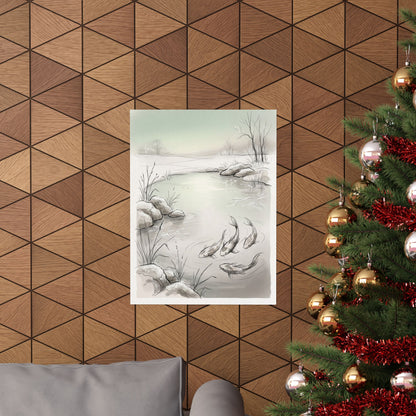 Japandi Koi Pond in Dawn | Minimal Line Wall Art Print