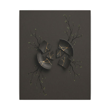 Sophisticated Broken Pottery Canvas Art - Charcoal Ink Dark Japandi