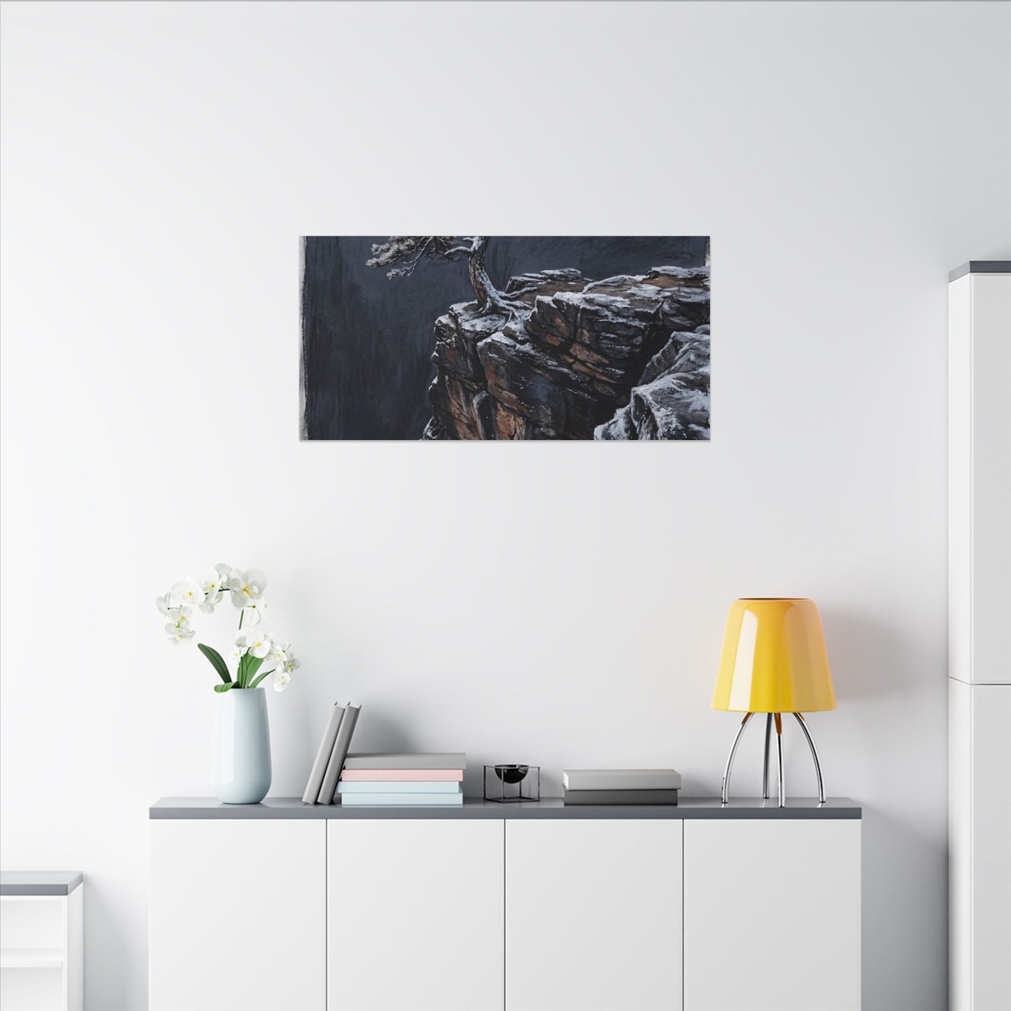 Dark Japandi Pine Tree in Dawn | Dark Texture Canvas Art