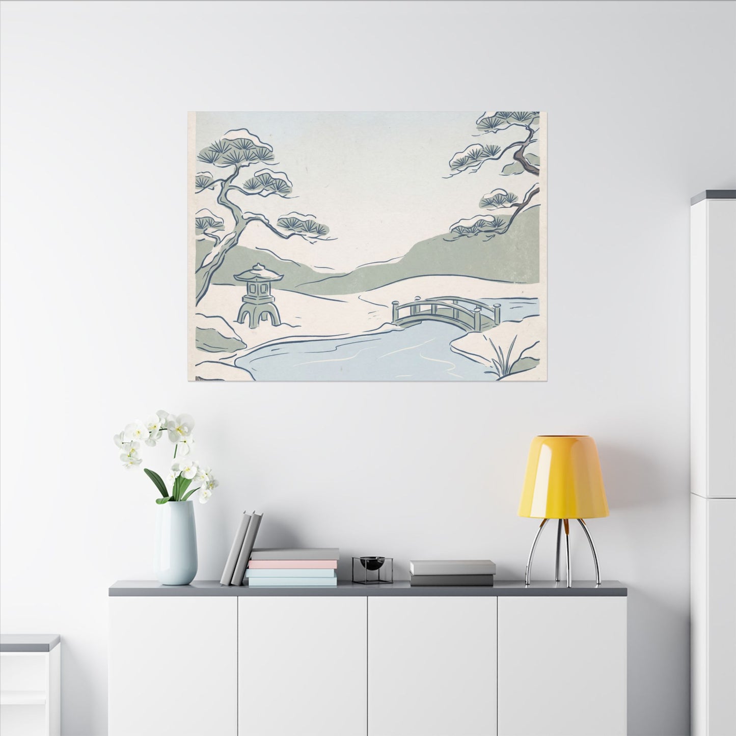 Japandi Moonlit Garden in Moonlight | Minimal Line Canvas Art
