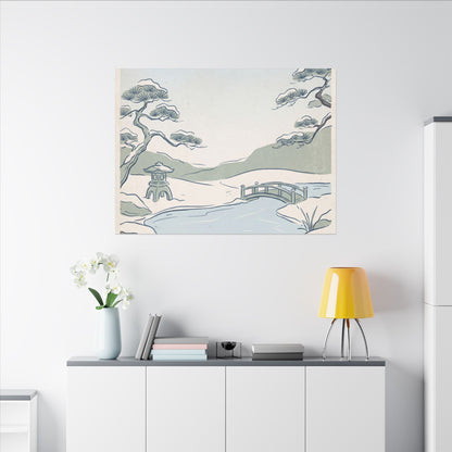 Japandi Moonlit Garden in Moonlight | Minimal Line Canvas Art