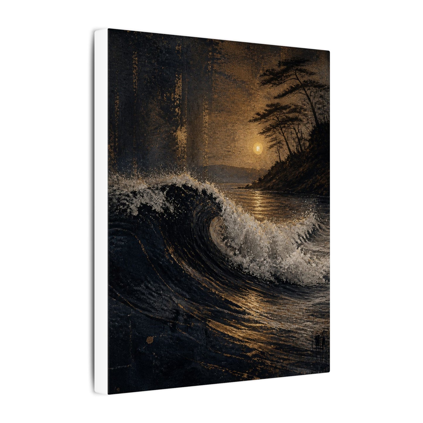 Ocean Wave Dark Texture Canvas Art | Bold Dark Japandi Art