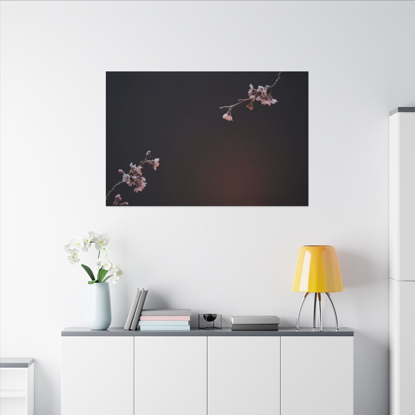 Dark Japandi Cherry Blossom in Candlelight | Moody Minimal Canvas Art