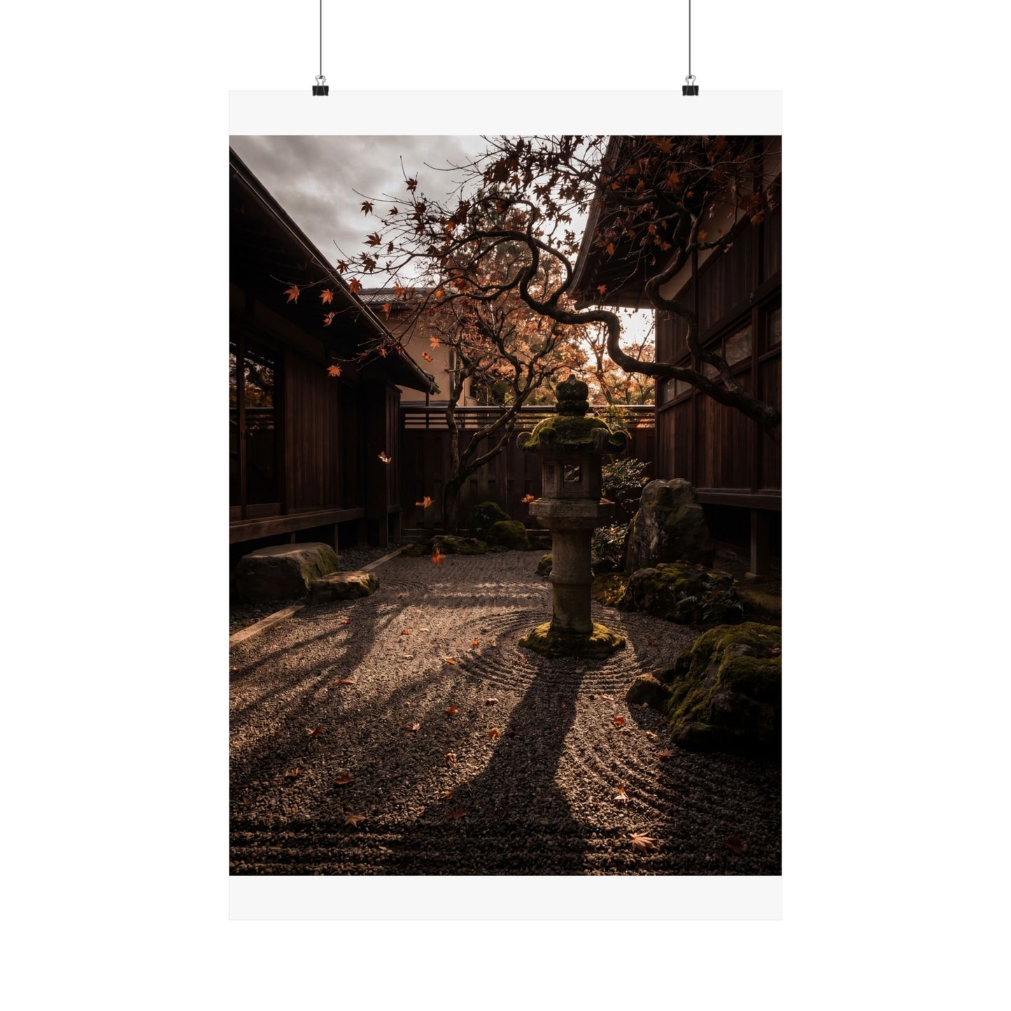 Autumn Stone Lantern Shadow Zen Wall Art Print | Moody Decor
