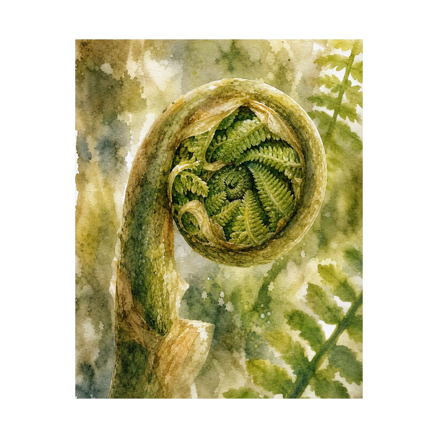 Elegant Fern Unfurling Wall Art Print - Watercolor Japandi