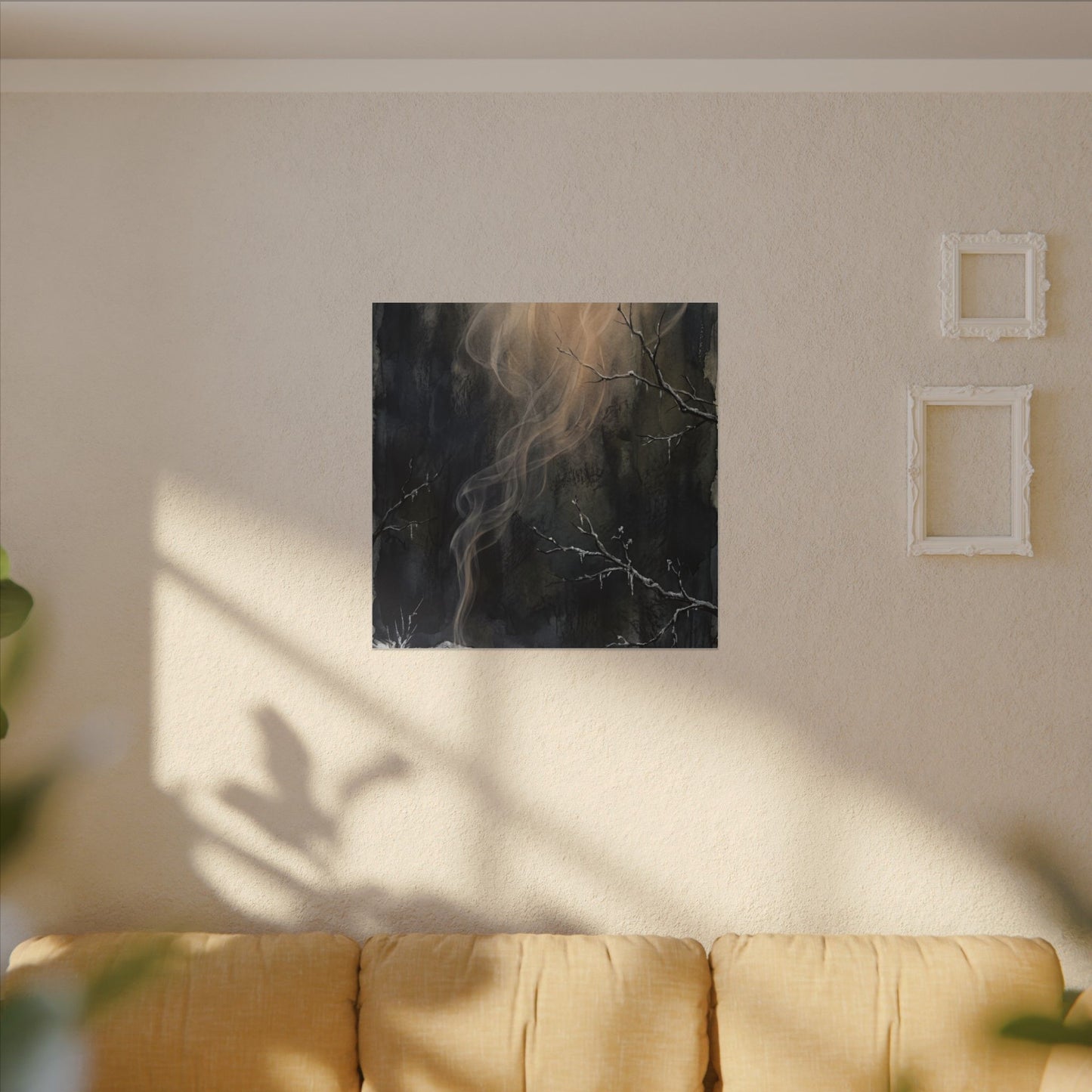 Incense Smoke Winter Canvas Art | Dark Japandi Moody Design