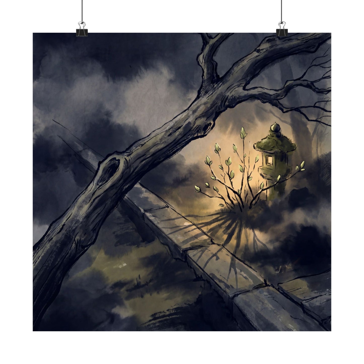 Golden Hour Moonlit Garden Wall Art Print - Dark Japandi Datsuzoku