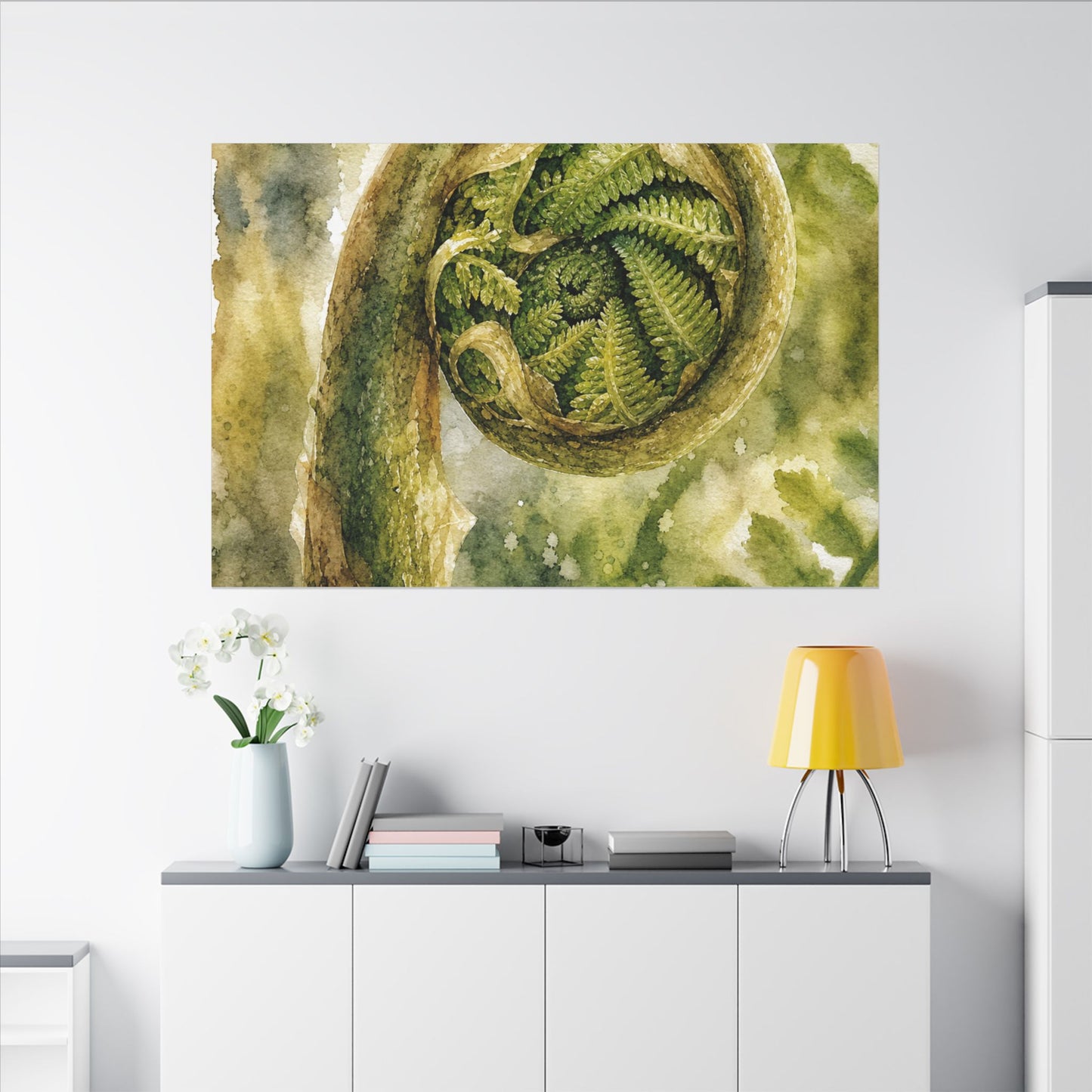 Japandi Fern Unfurling in Dappled | Watercolor Canvas Art