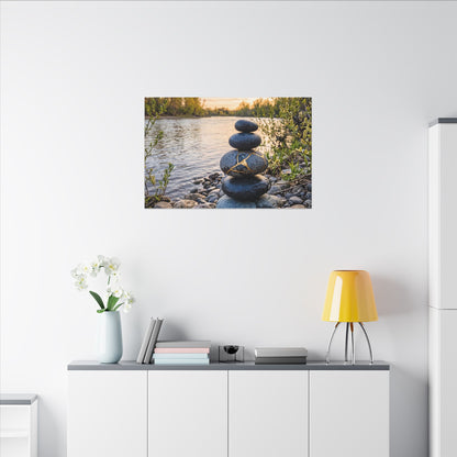 Kintsugi River Stones in Golden Hour | Gold Vein Canvas Art