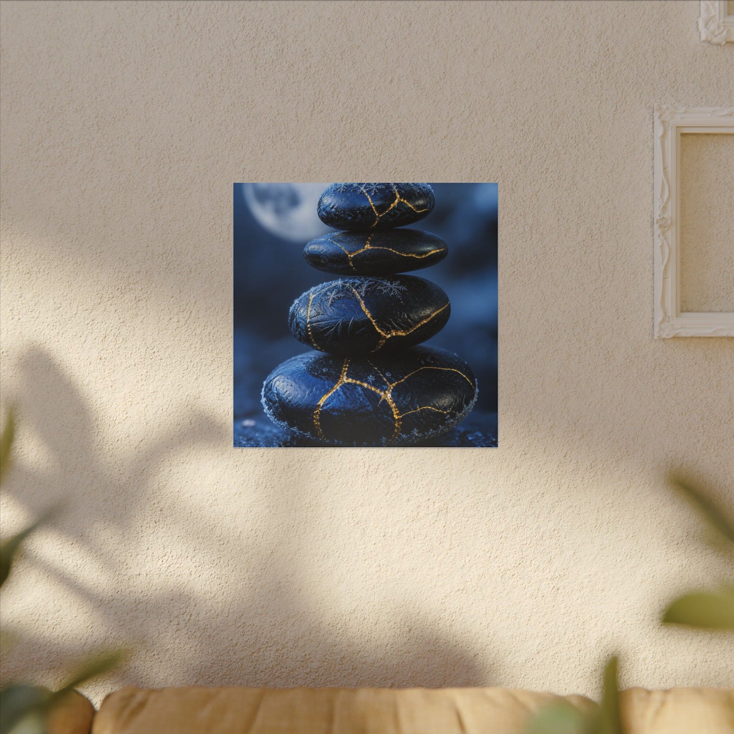 River Stones Canvas Art | Winter Kintsugi Gold Repair Art