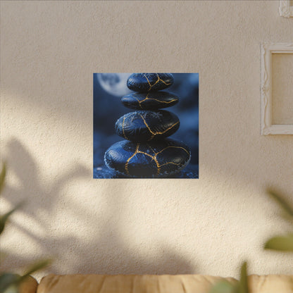 River Stones Canvas Art | Winter Kintsugi Gold Repair Art