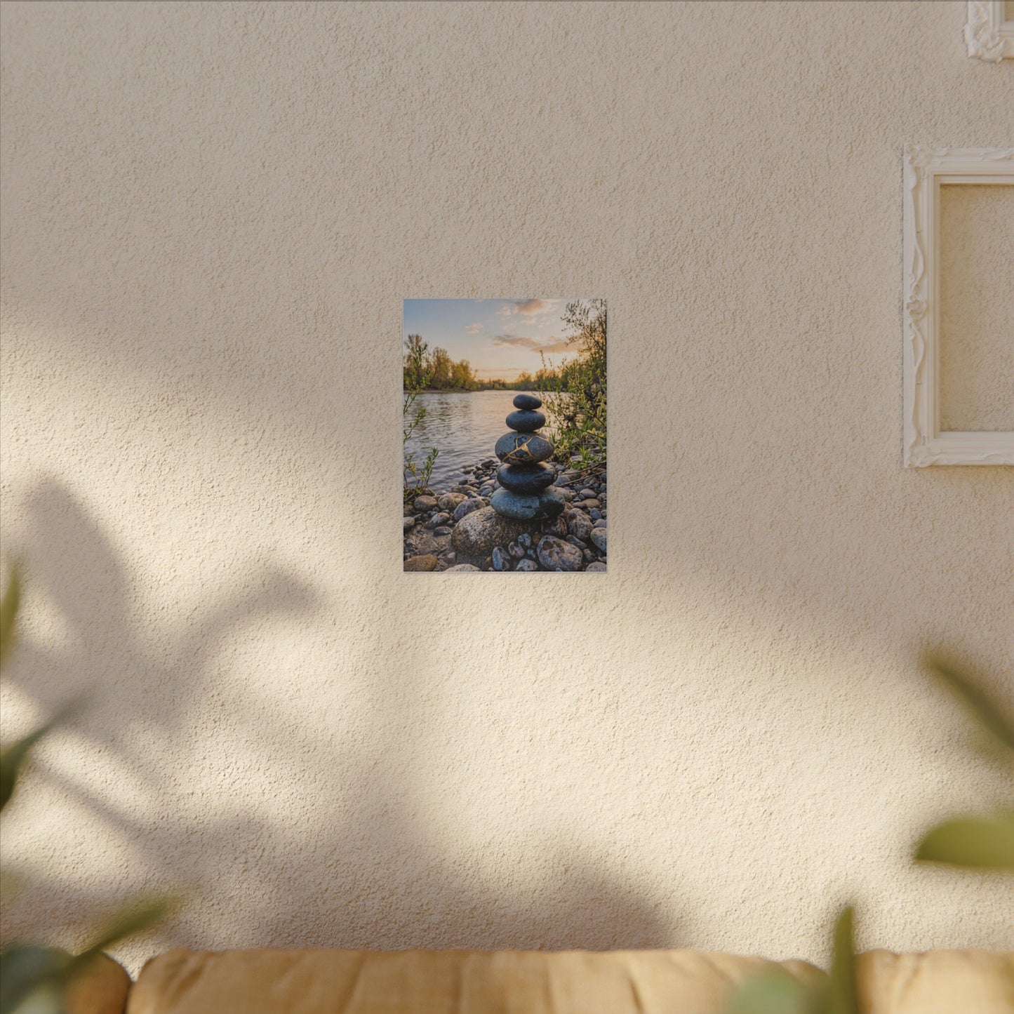 Kintsugi River Stones in Golden Hour | Gold Vein Canvas Art