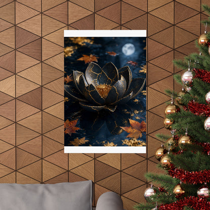 Kintsugi Lotus Flower in Moonlight | Gold Repair Wall Art Print