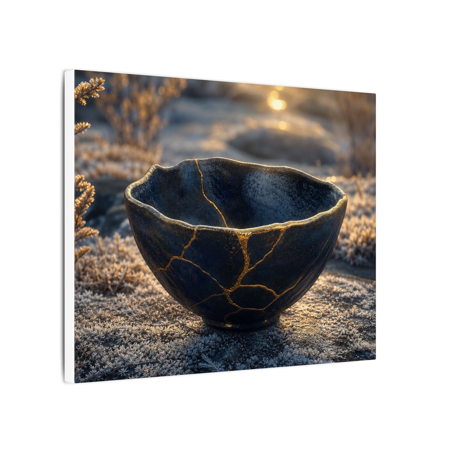 Ceramic Bowl Canvas Art | Winter Kintsugi Gold Repair Art