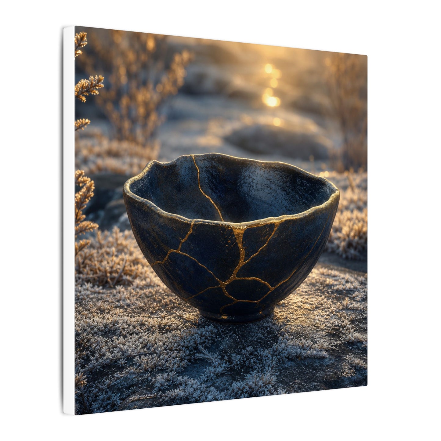 Ceramic Bowl Canvas Art | Winter Kintsugi Gold Repair Art