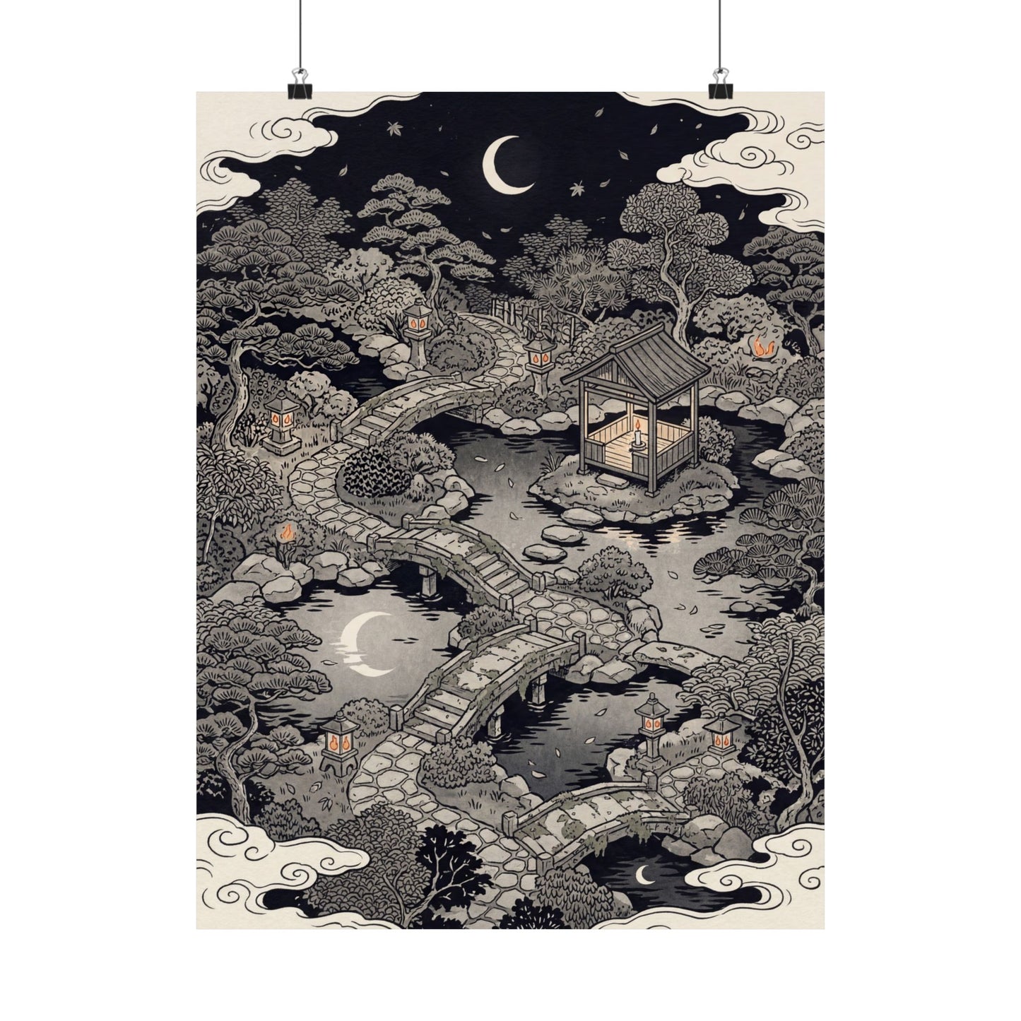 Summer Moonlit Garden Ukiyo E Inspired Wall Art Print | Serene Decor Art Print