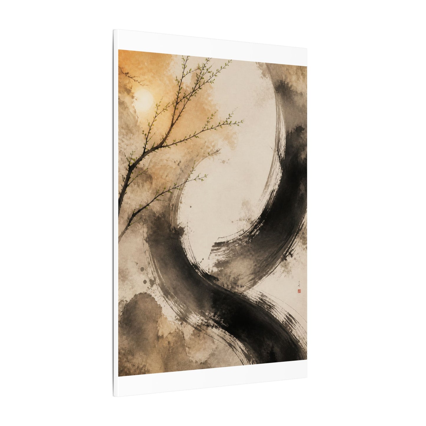 Japandi Ink Brushstroke in Golden Hour | Watercolor Canvas Art