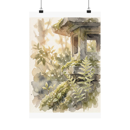 Seijaku Stone Lantern Wall Art Print - Japandi Watercolor