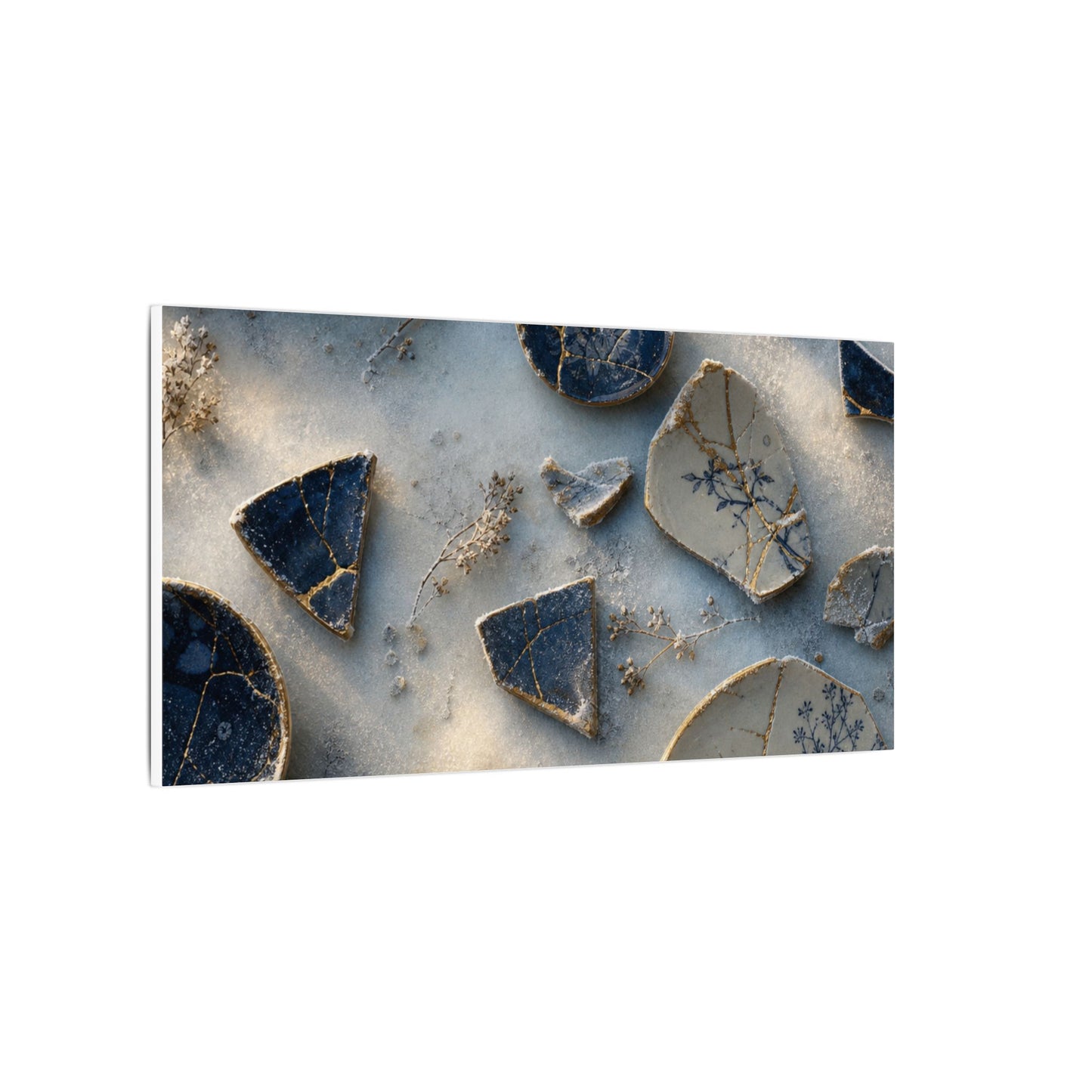 Broken Pottery Canvas Art | Winter Kintsugi Gold Vein Art