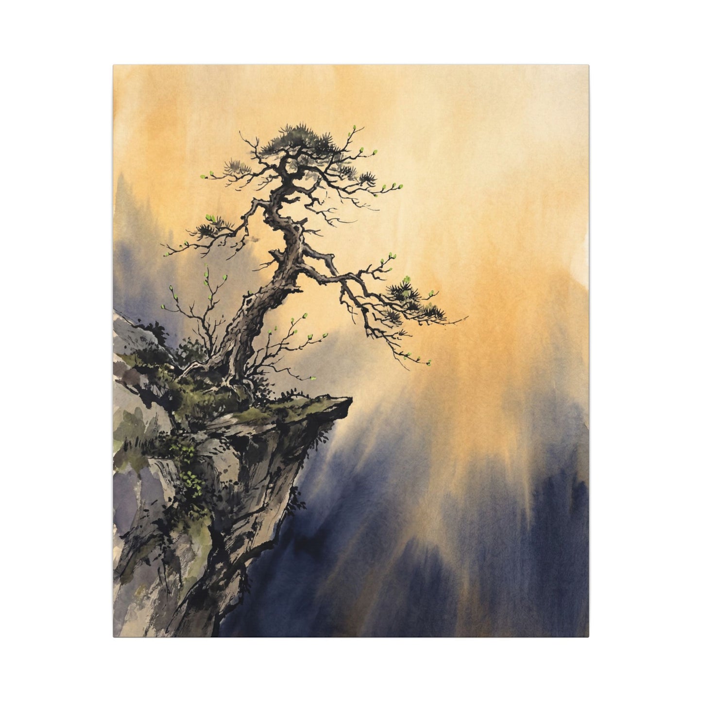 Zen Pine Tree in Golden Hour | Sumi E Canvas Art