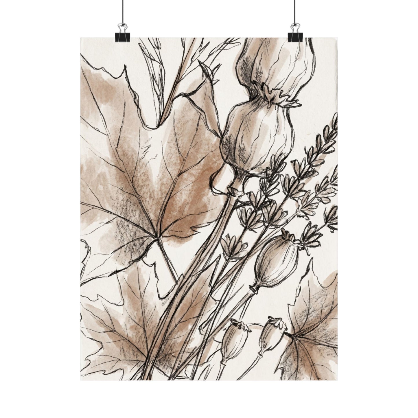 Dried Flowers Minimal Line Wall Art Print | Neutral Japandi Art