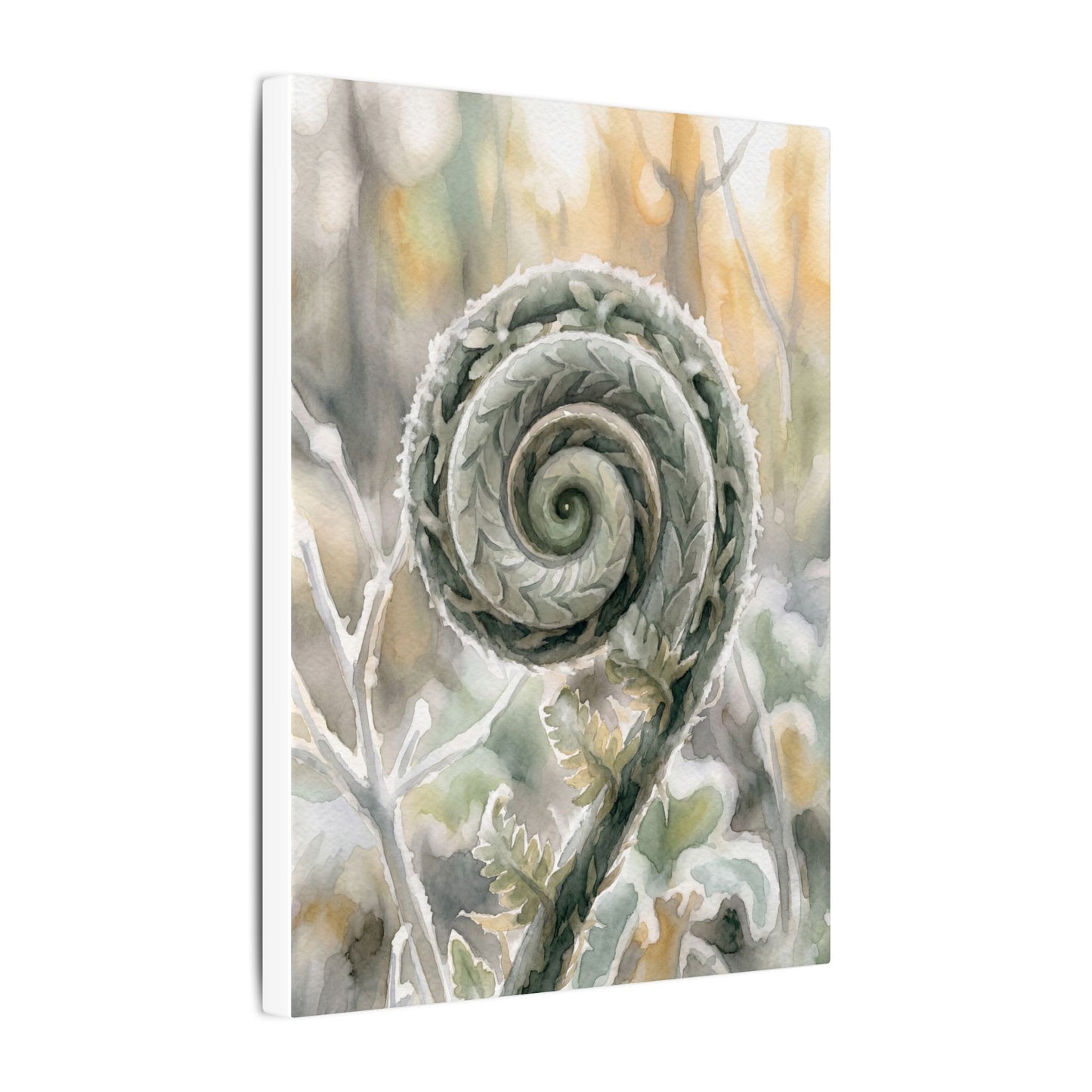 Winter Fern Unfurling Watercolor Canvas Art | Cozy Decor