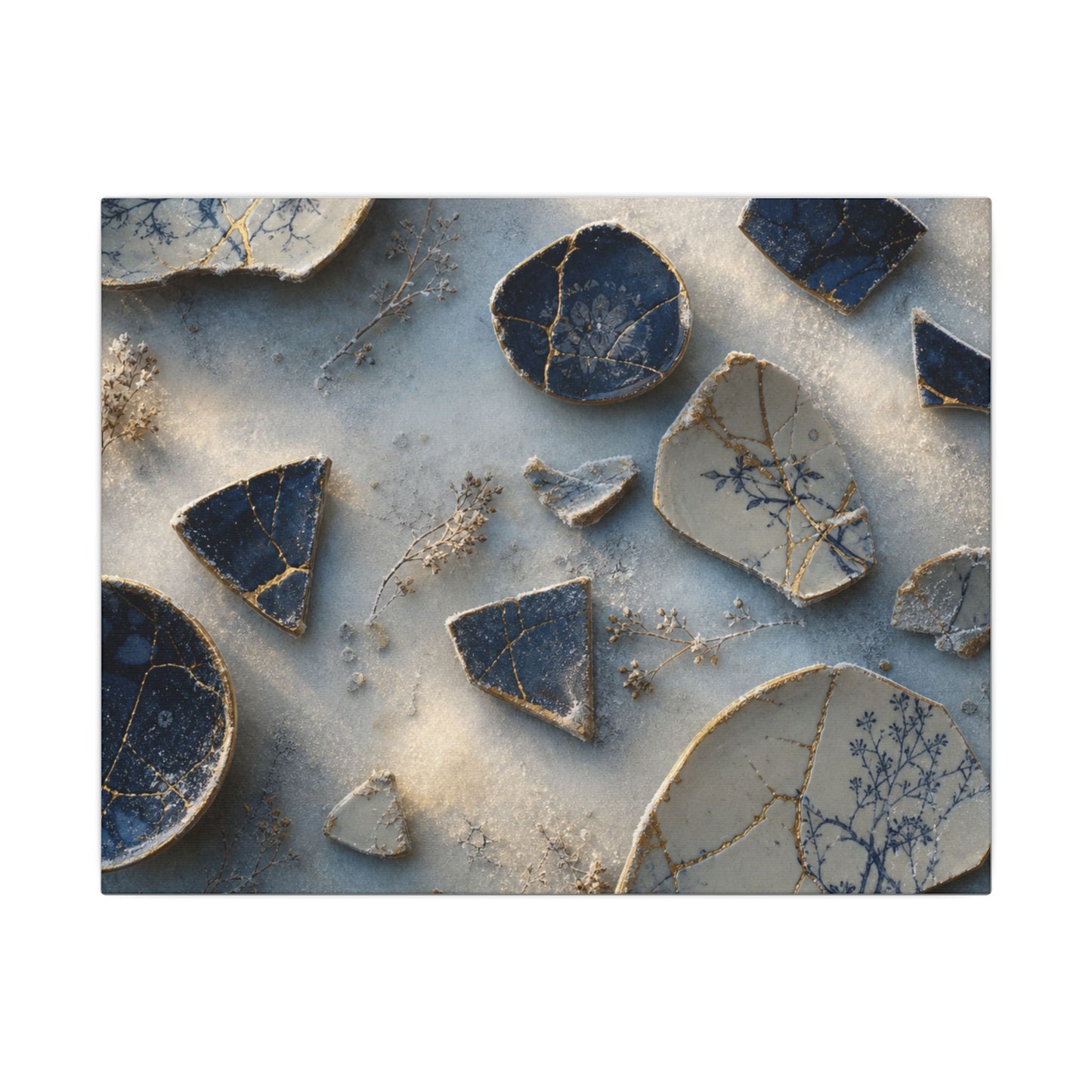 Broken Pottery Canvas Art | Winter Kintsugi Gold Vein Art