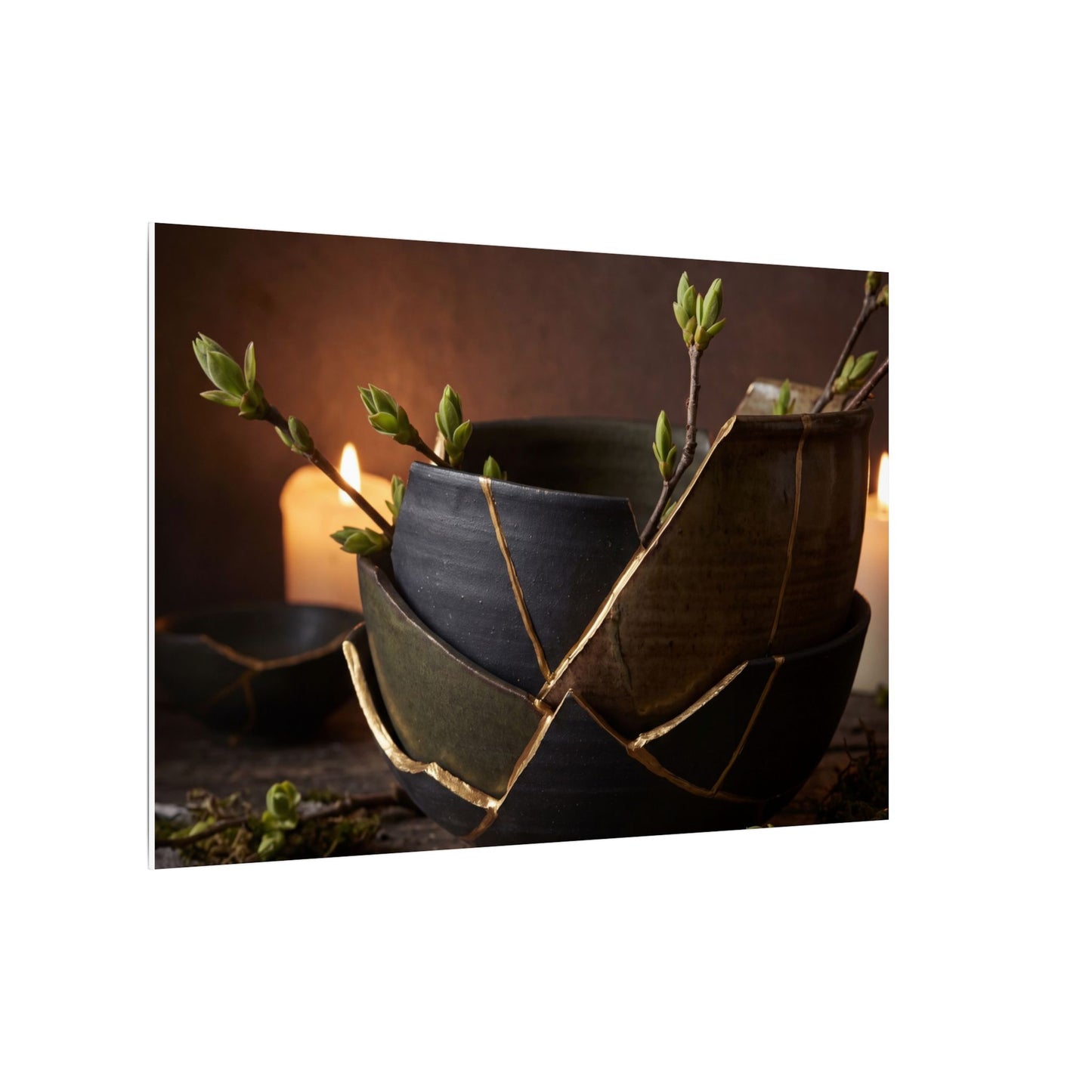 Broken Pottery Spring Canvas Art | Dark Japandi Luxurious Design