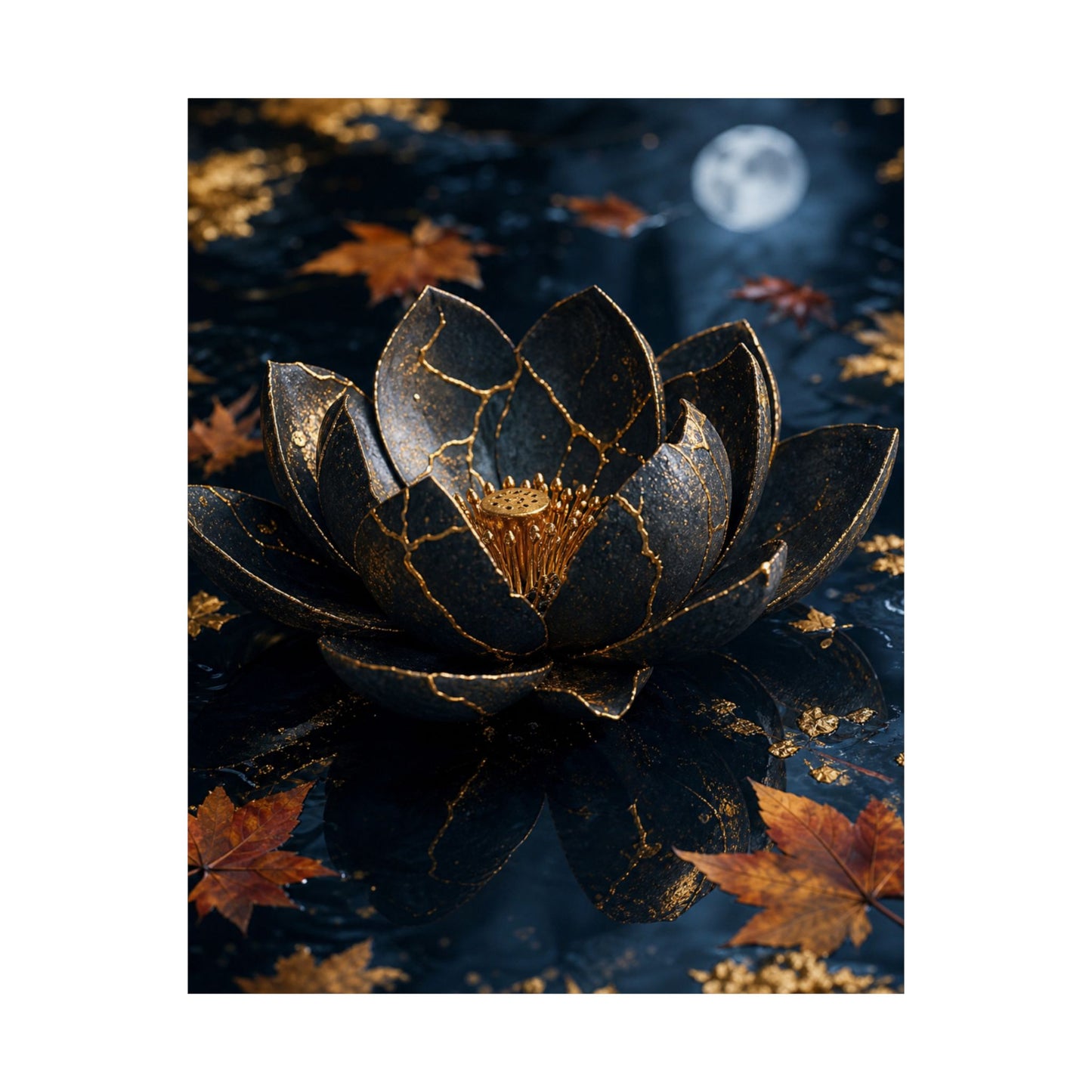Kintsugi Lotus Flower in Moonlight | Gold Repair Wall Art Print