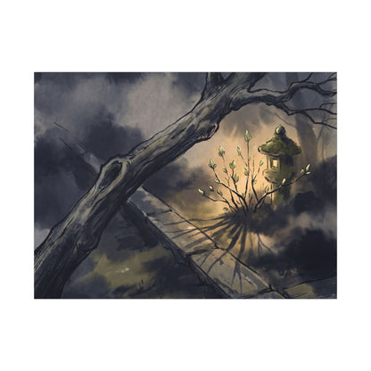Dark Japandi Moonlit Garden in Golden Hour | Charcoal Ink Canvas Art