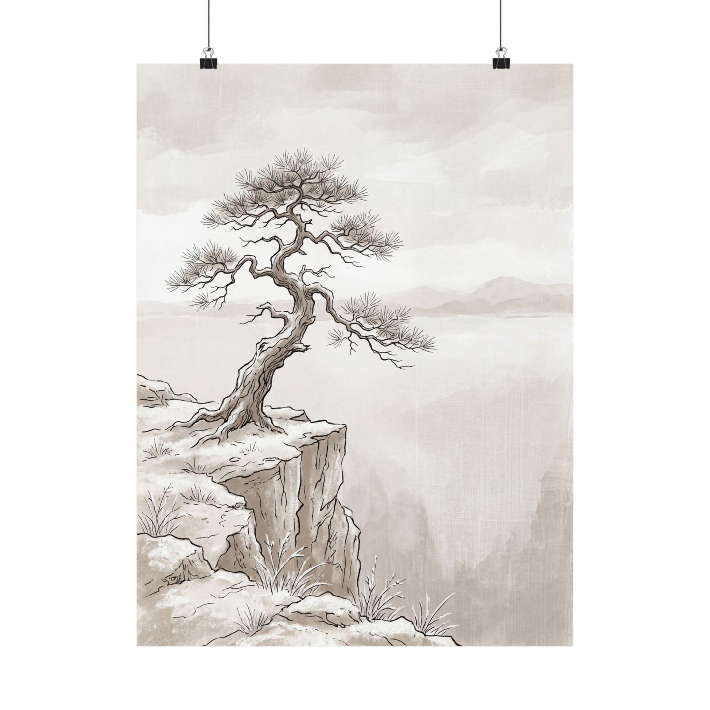 Japandi Pine Tree in Overcast | Minimal Line Wall Art Print