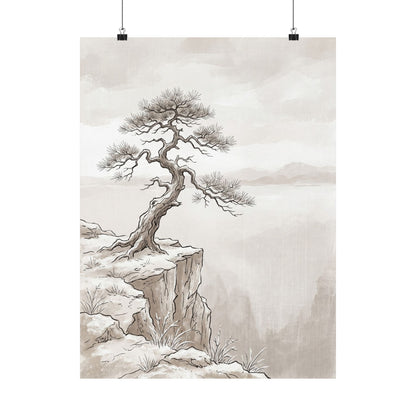 Japandi Pine Tree in Overcast | Minimal Line Wall Art Print
