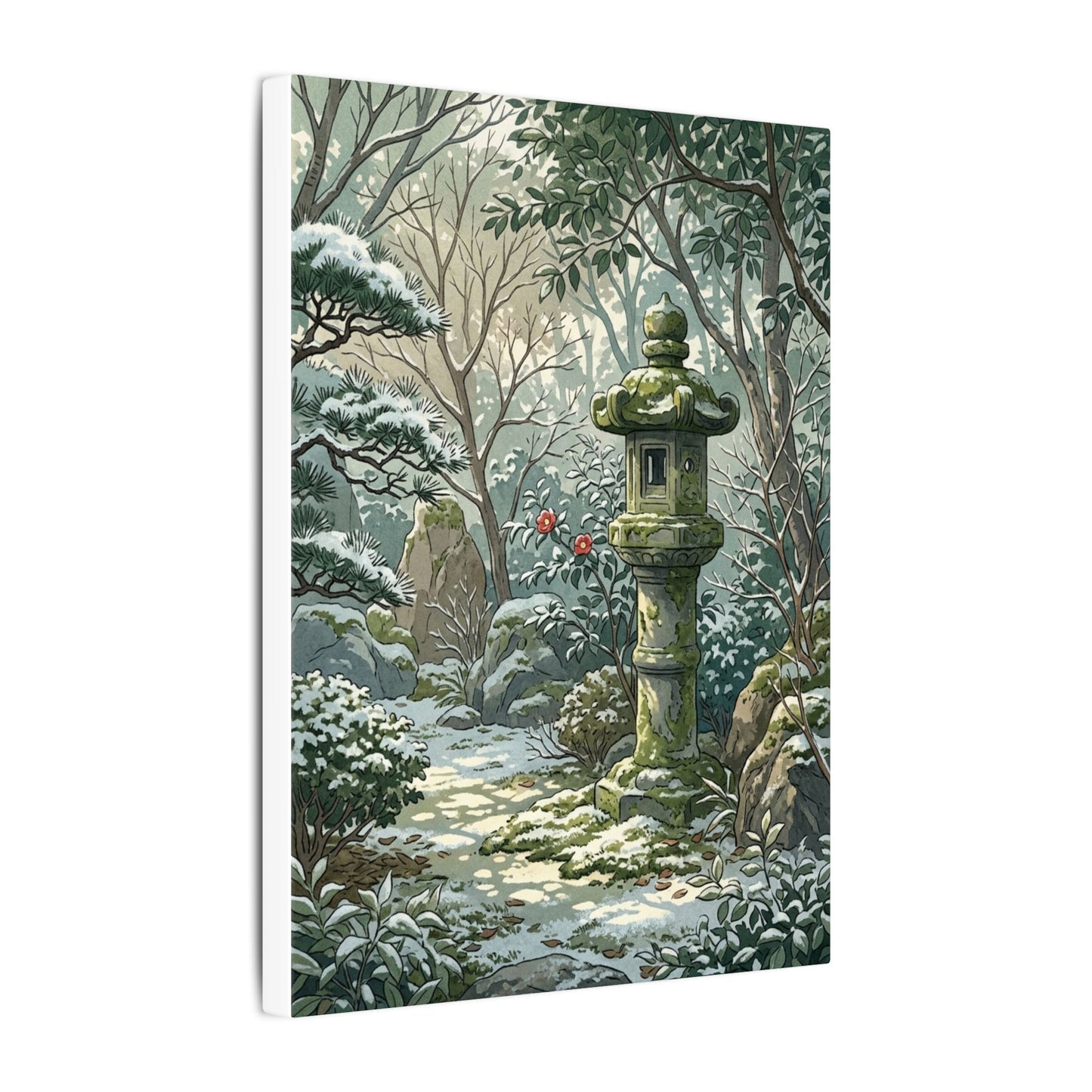 Stone Lantern Winter Canvas Art | Japandi Warm Design