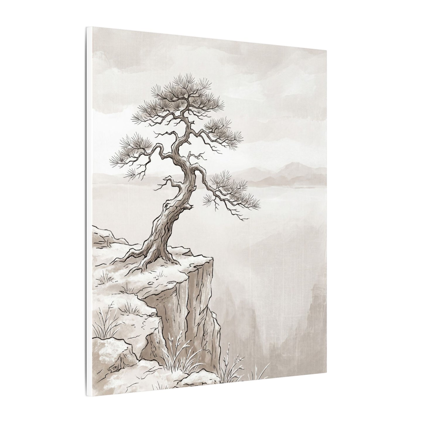 Neutral Pine Tree Canvas Art - Minimal Line Japandi