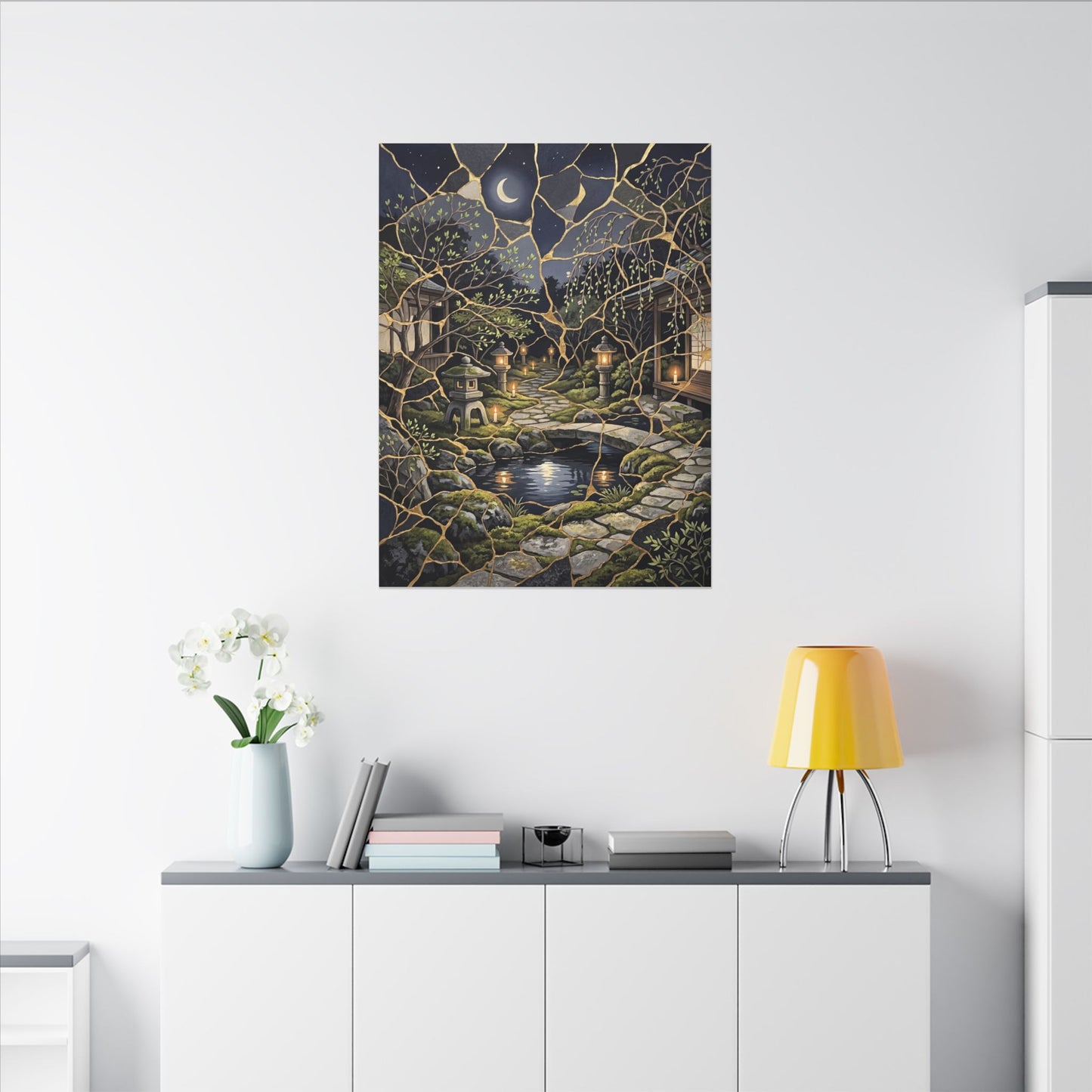 Kintsugi Moonlit Garden in Candlelight | Gold Vein Canvas Art