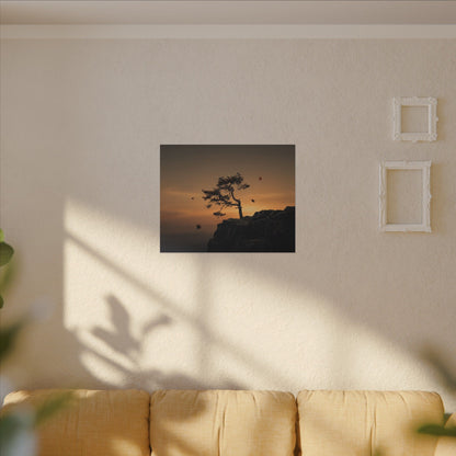 Dark Japandi Pine Tree in Golden Hour | Moody Minimal Canvas Art