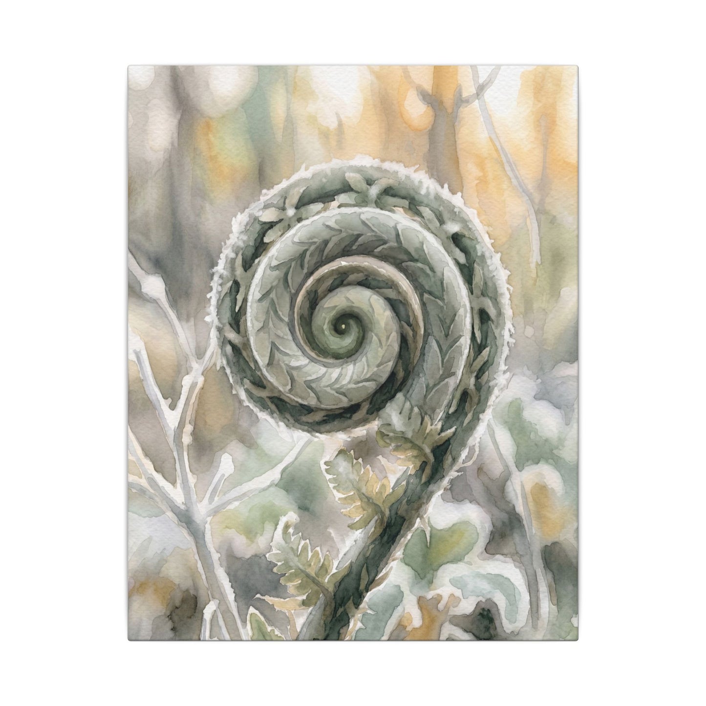 Winter Fern Unfurling Watercolor Canvas Art | Cozy Decor