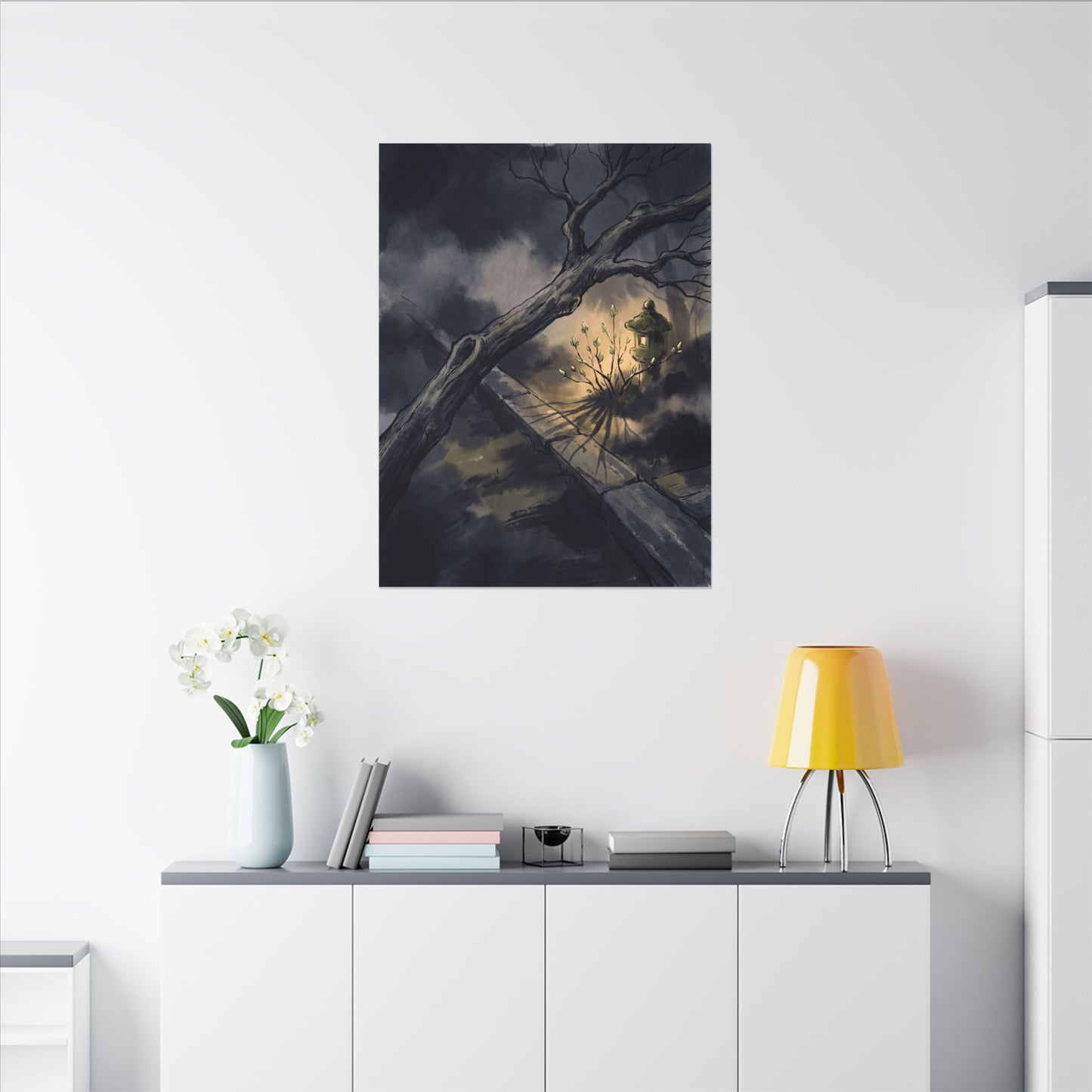 Dark Japandi Moonlit Garden in Golden Hour | Charcoal Ink Canvas Art