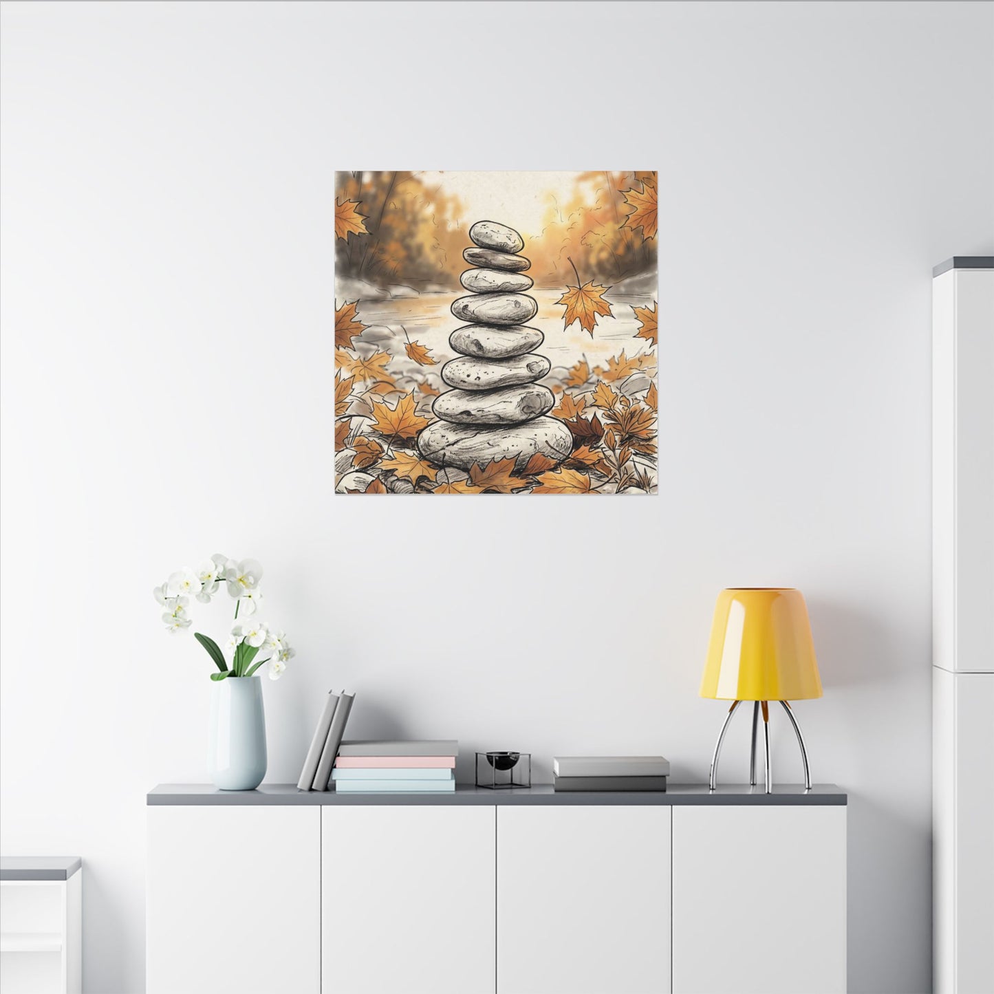 Earthy River Stones Canvas Art - Minimal Line Japandi