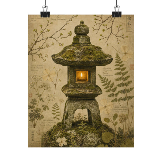 Enchanting Stone Lantern Wall Art Print - Herbarium Cottagecore