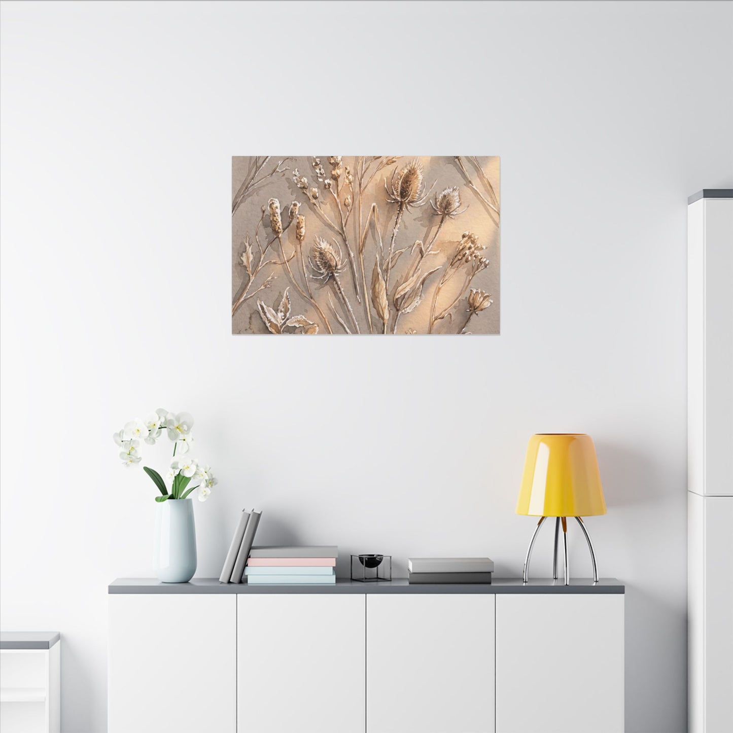 Japandi Dried Flowers in Golden Hour | Watercolor Canvas Art