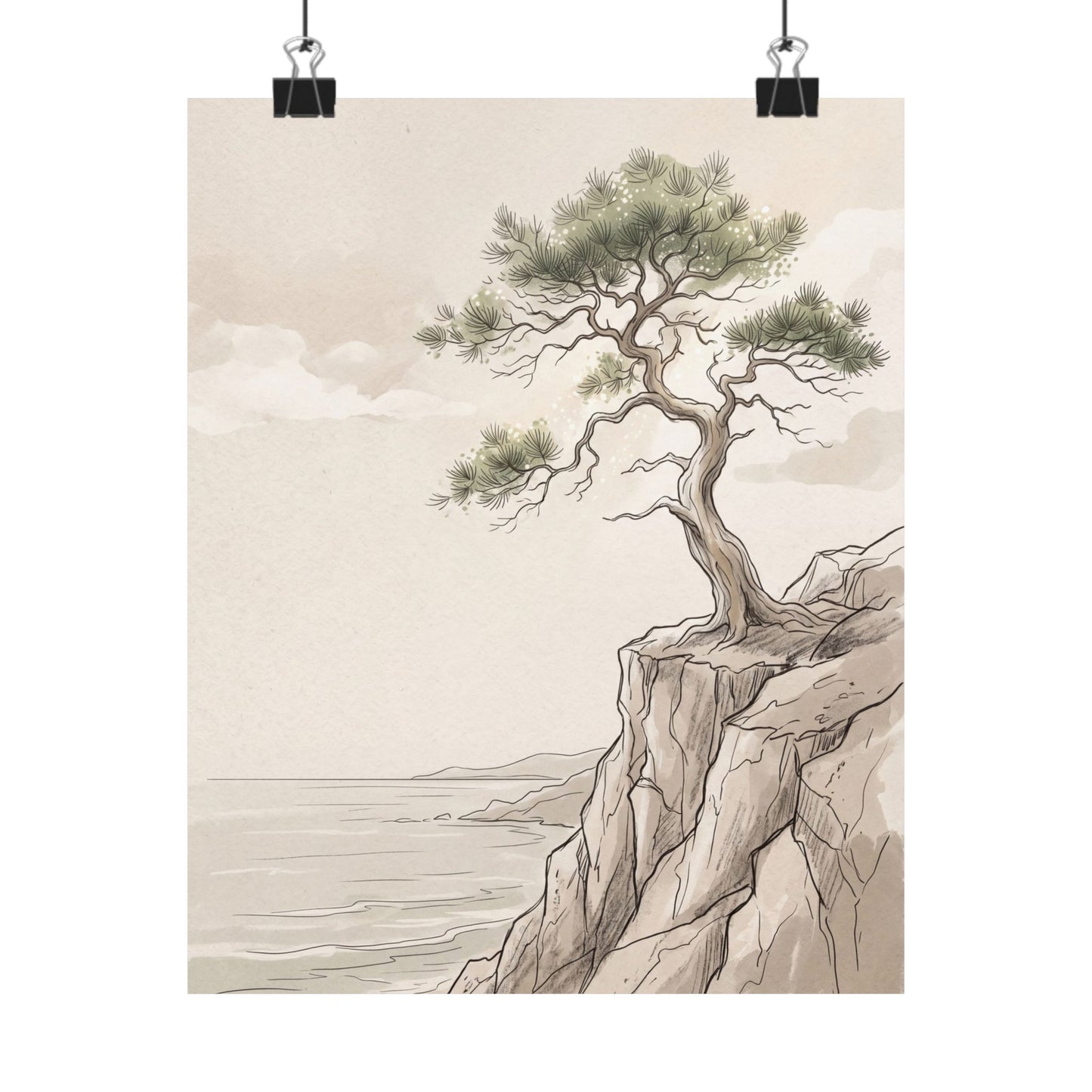 Neutral Pine Tree Wall Art Print - Minimal Line Japandi