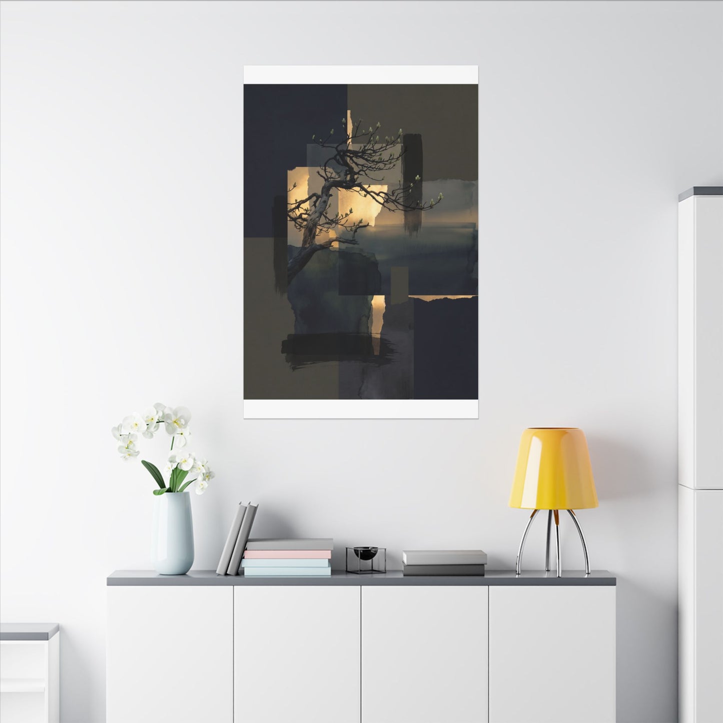 Golden Hour Pine Tree Canvas Art - Dark Japandi Kanso