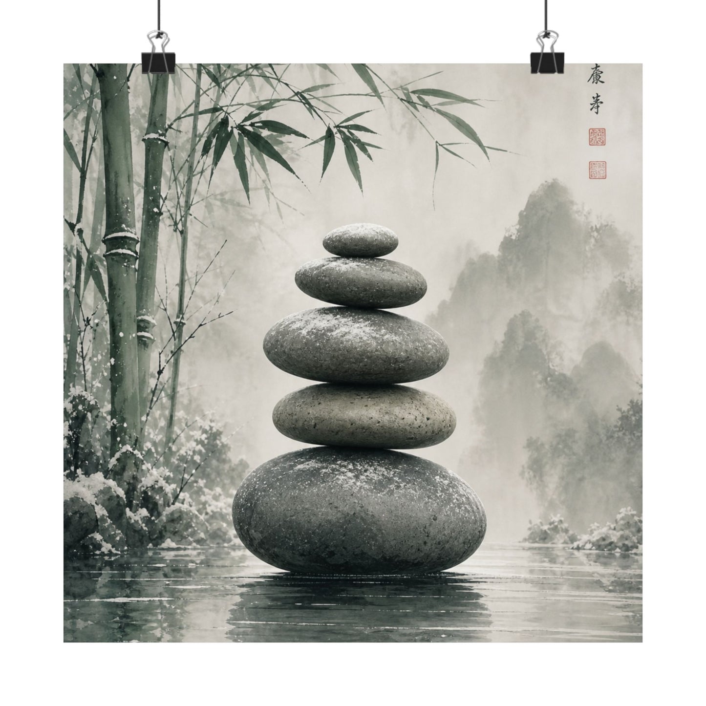 River Stones Sumi E Wall Art Print | Tranquil Zen Art