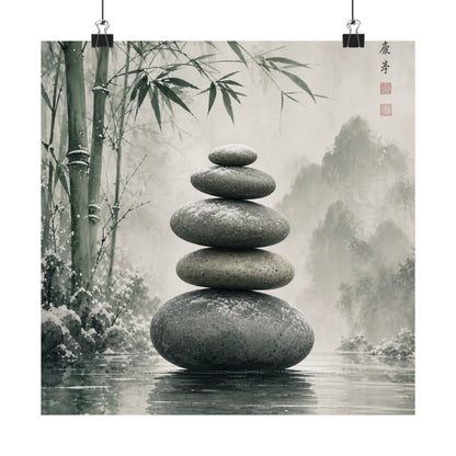 River Stones Sumi E Wall Art Print | Tranquil Zen Art