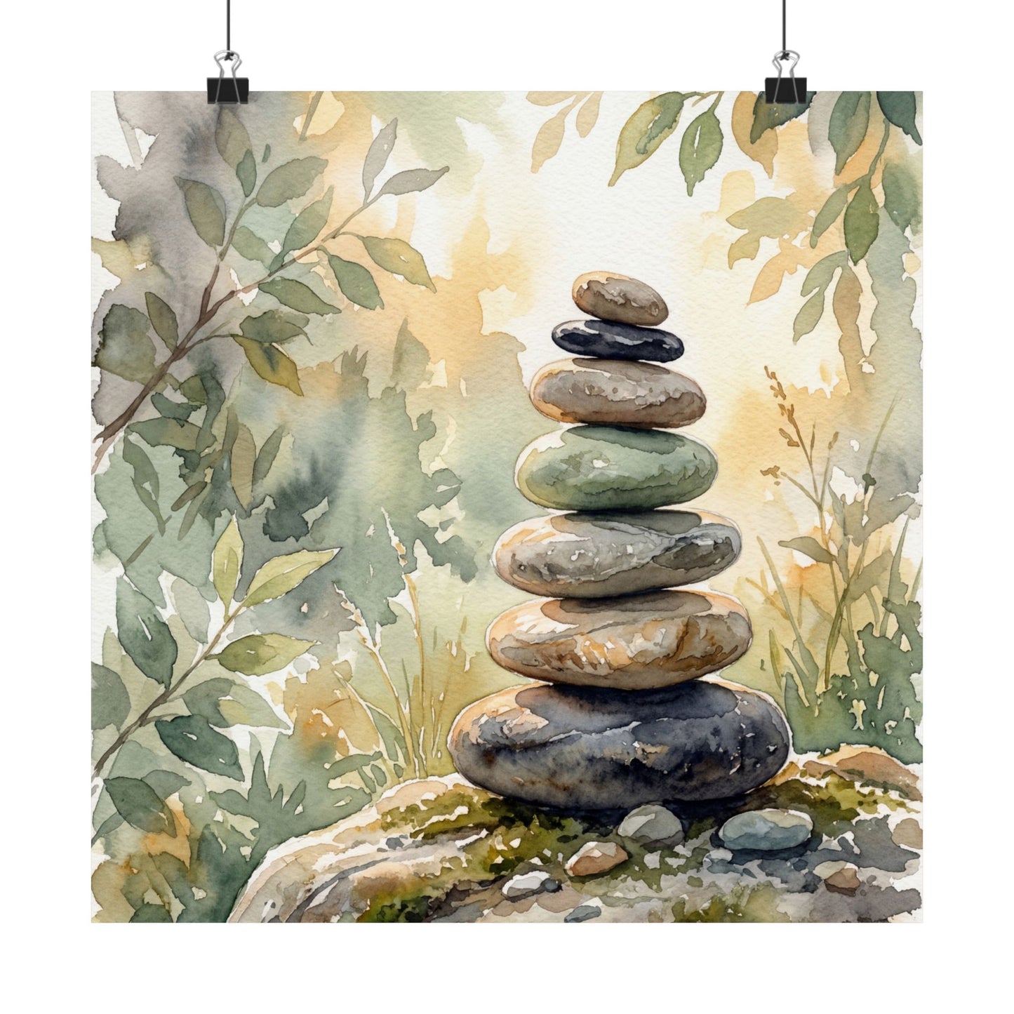 River Stones Wall Art Print | Summer Japandi Watercolor Art