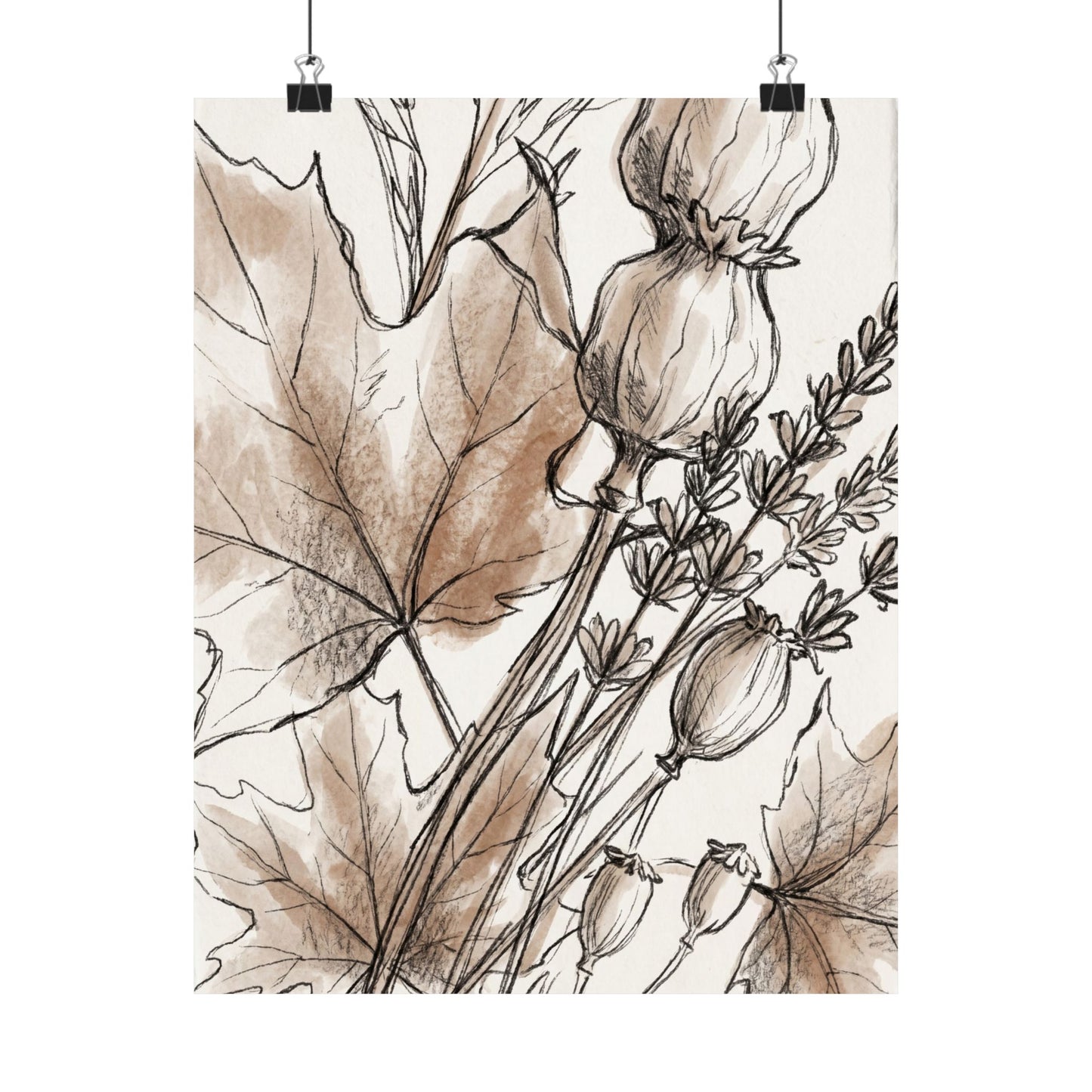 Dried Flowers Minimal Line Wall Art Print | Neutral Japandi Art