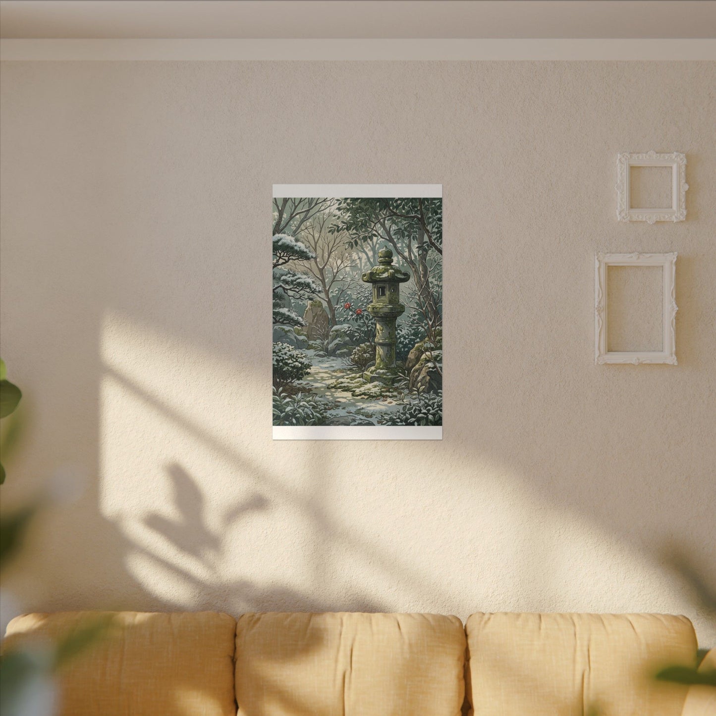 Stone Lantern Winter Canvas Art | Japandi Warm Design