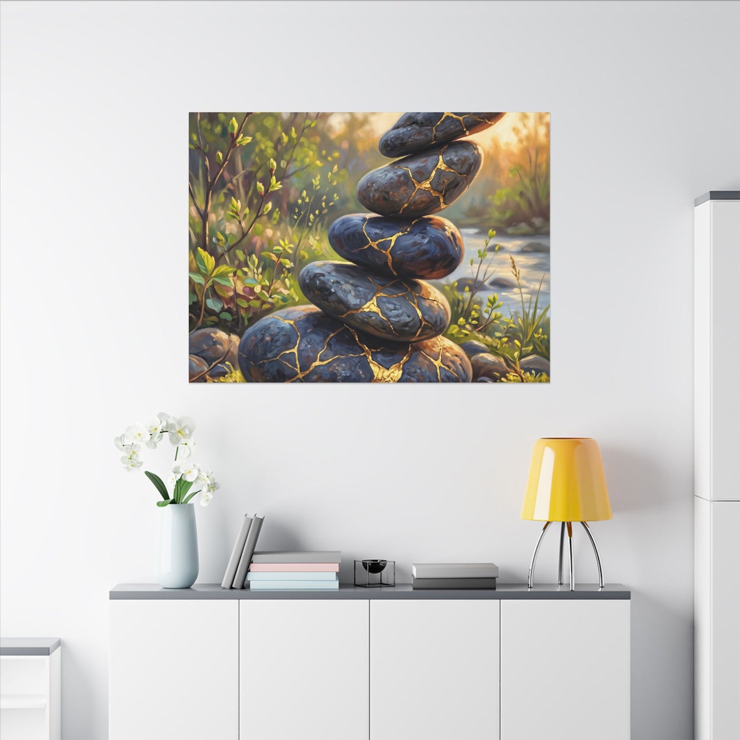 Spring River Stones Gold Repair Canvas Art | Healing Decor