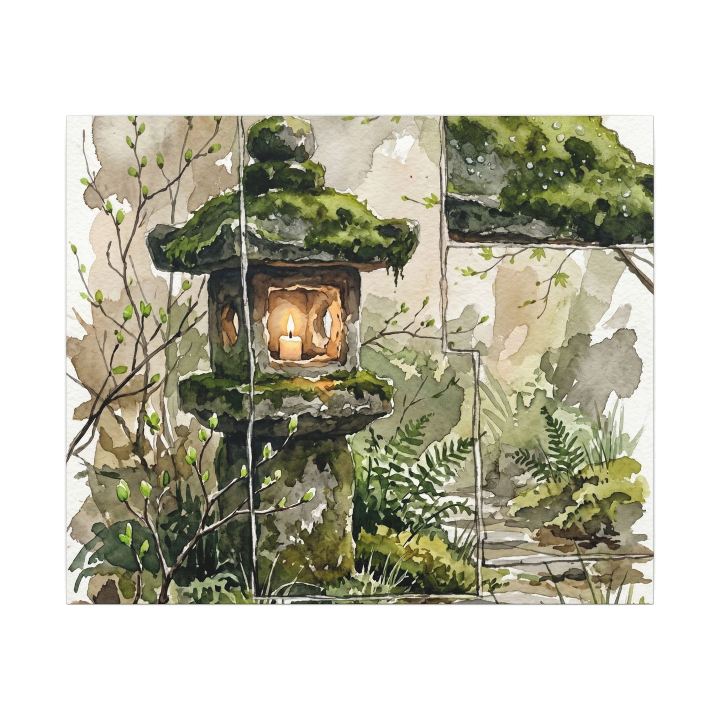 Stone Lantern Watercolor Canvas Art | Elegant Japandi Art